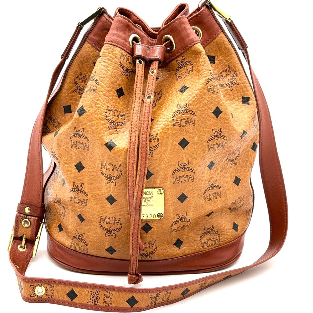 MCM Visetos Monogram Drawstring Brown Bucket Bag